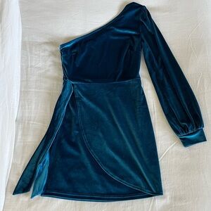 Women’s Teal Mini Dress One Shoulder Tie Velvet Size Small Tie on Waist